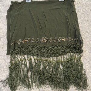Sue Wong Silk Scarf Shawl Large Army Green Olive Brown Gold Lace Hand Beaded #3